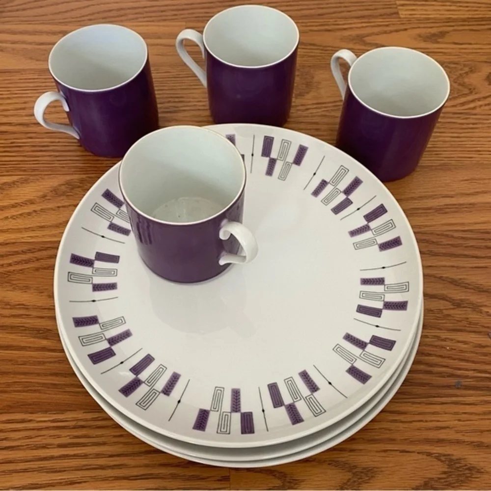 Crate&Barrel Mid Century Modern White Purple Fine China Dinnerware NWOT